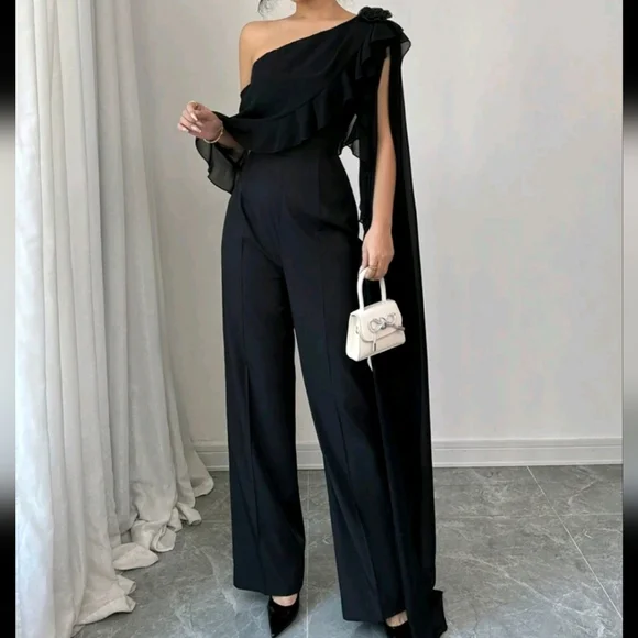 Elegant One-Shoulder Jumpsuit With 3D Floral Decor - Picture 1 of 4